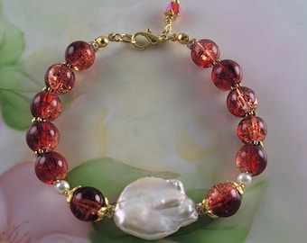 Baroque Coin Pearl Red Czech Crackle Glass Beads Gold Accents and Dangle 8"