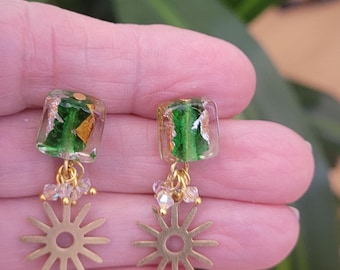 Venetian Murano Foil Glass Square Stud Earrings with Brass Starburst Crystals