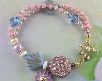 Pastel Czech Glass 2 Strand Bracelet Crystals Dragonfly Toggle Enamel Flower Charm