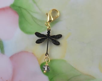 Dragonfly Dangle Clip: Antiqued Brass, Purple Quartz, Gold Lobster Clasp