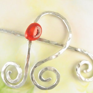 Silver Shawl Pin/Brooch Hand Formed Abstract with Bamboo Coral