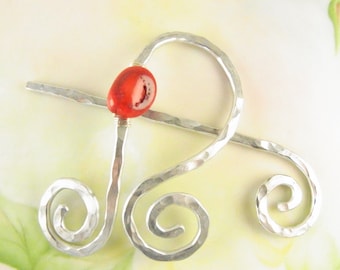Silver Shawl Pin/Brooch Hand Formed Abstract with Bamboo Coral