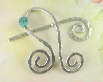 Silver Shawl Pin/Brooch Hand Formed with Turquoise