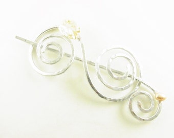 Silver Hair Slide/Barrette/Pin/Clip Double Spiral with Genuine Champagne Fresh Water Coin Pearl