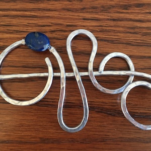 Shawl Pin Hammered Abstract Flourish with Genuine Lapis Lazuli