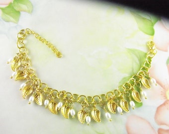 Gold Leaves and Pearls Dangle Bracelet
