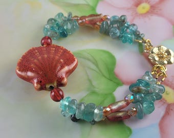 Ceramic Mussel Apatite Czech Glass 2 Strand Bracelet with 18k Gold Plated Magnetic Flower Clasp 7"