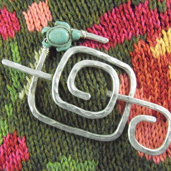 Shawl Slide/Brooch/Pin Silver Abstract Square Spiral with Turtle