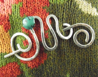 Silver Shawl Pin/Brooch/Clasp/Slide O'Keefe Spiral & Squiggle w/Turquoise