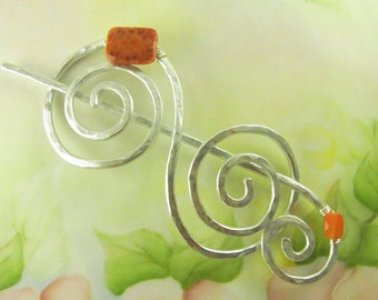 Silver Hair Slide Double Spiral with Fire Agate