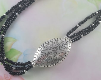 Black Beaded 3 Strand Necklace with Silver Concho 20 1/2"