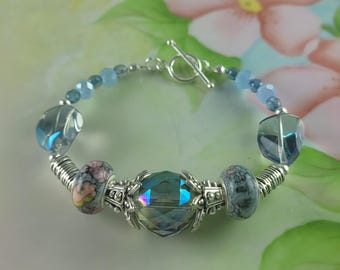 Lamp work Crystal Silver Beaded Bracelet Gray Blue Sparkle with Toggle 6 1/2"