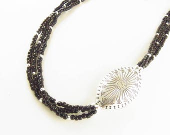 Black Beaded 3 Strand Necklace with Silver Concho