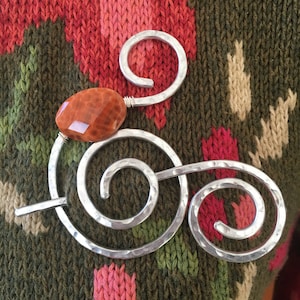 Silver Shawl Pin/Brooch/Clasp Fancy spiral with Fire Agate