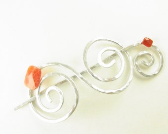 Silver Hair Slide/Barrette Double Spiral with Genuine Fire Agate and Carnelian