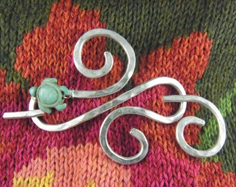 Silver Infinity Shawl Brooch/Clip/Pin/Clasp with Turquoise Turtle