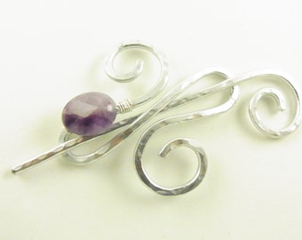 Silver Shawl Brooch, Pin, Clasp Infinity with Genuine Amethyst