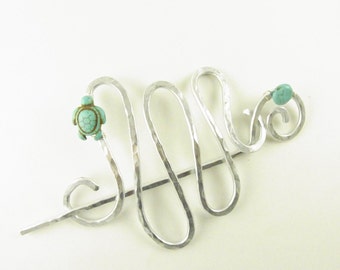 Silver Hair Slide Large Squiggle with Turquoise and Magnesite Turtle