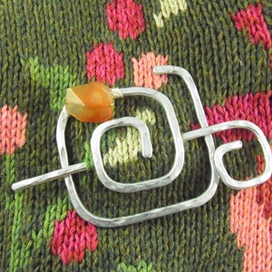 Silver Shawl Brooch/Clasp/Pin/ Abstract Square Spiral with Carnelian Nugget