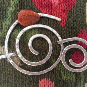 Shawl Pin Hammered Aluminum Spiral with Genuine Fire Agate