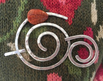 Shawl Pin Hammered Aluminum Spiral with Genuine Fire Agate