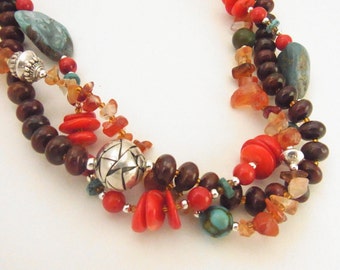 Artisan Southwest Choker: Sterling Silver, Coral, Turquoise, Carnelian, Jasper