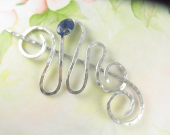 Hammered Shawl Pin with Lapis Lazuli, Squiggle