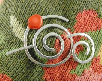 Hammered Shawl Pin Spiral with Genuine Bamboo Coral