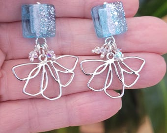 Venetian Glass Fan Crystal Drop Post Earrings