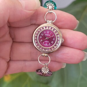 Beaded Wrist Watch Rose Red Colored Dial Multi Color Beads Silver Toggle 7&quot;