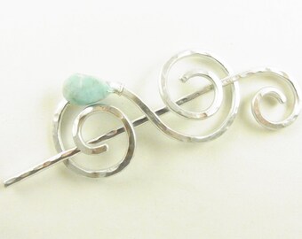 Silver Hammered Shawl Pin Double Spiral with Genuine Amazonite