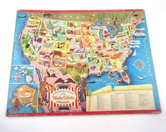 Vintage United States of America Inlaid Frame Tray Map Puzzle by Whitman