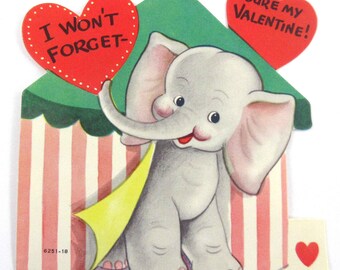 Vintage Children's Valentine Card with Cute Circus Elephant in Pink and White Striped Tent