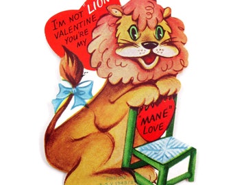 Vintage Unused Valentine Card with Cute Circus Lion and Chair by A-Meri-Card