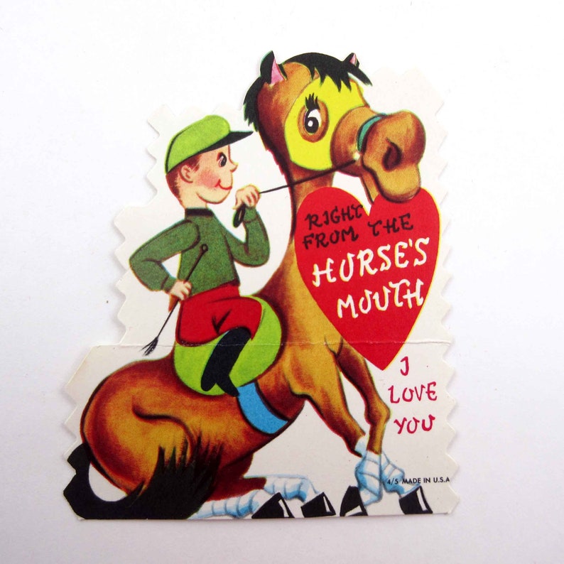 Vintage Children's Valentine Card with Jockey Boy on Horse image 1