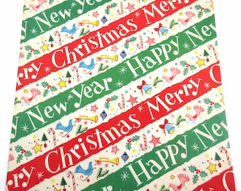 Vintage 1950s Merry Christmas Happy New Year Wrapping Paper Gift Wrap