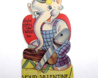 Vintage Children's Mechanical Valentine Greeting Card with Cute Elephant Saw and Wood