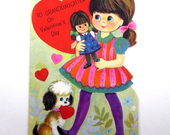 Vintage  Valentine Greeting Card with Little Girl Doll and Dog by American Greetings