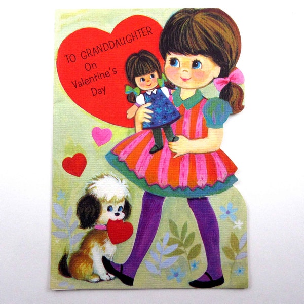 Vintage  Valentine Greeting Card with Little Girl Doll and Dog by American Greetings