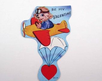 Vintage Unused Children's Valentine Card with Cute Dog in Airplane or Plane Parachute