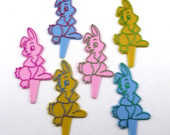 Vintage Plastic Easter Bunny Rabbit Novelty Cupcake Picks or Toppers Set of 6 Lot B