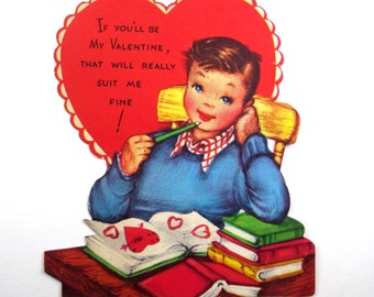 Vintage Children's Valentine Card with Cute Boy at Desk Reading Books Pencil by Gibson