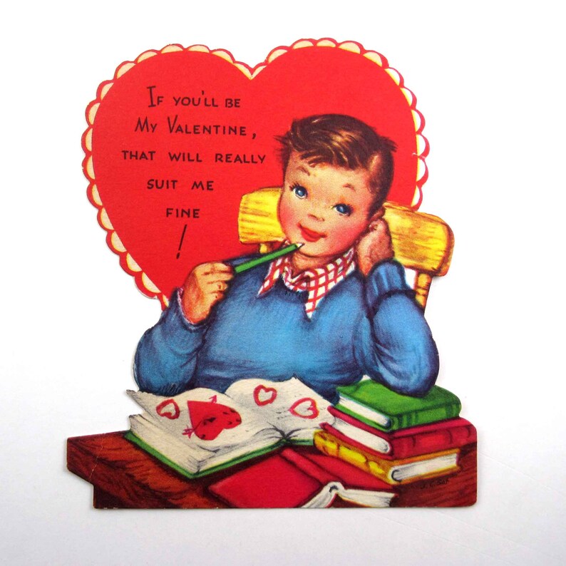 Vintage Children's Valentine Card with Cute Boy at Desk Reading Books Pencil by Gibson image 1