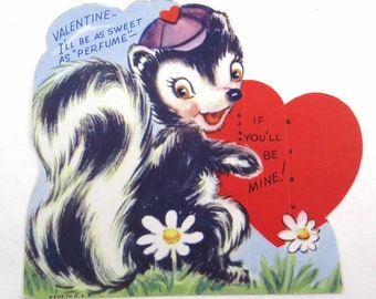 Vintage Unused Children's Valentine Card with Skunk and Daisies NOS