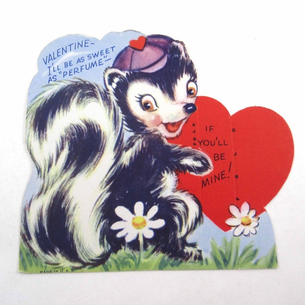 Vintage Unused Children's Valentine Card with Skunk and Daisies NOS