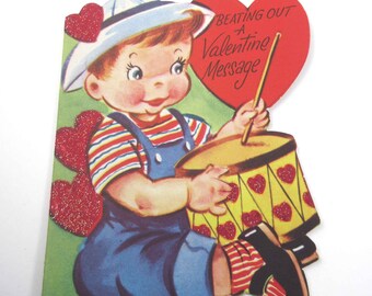 Vintage Children's Flocked Glittered Valentine Greeting Card with Cute Boy Playing Drum Drummer