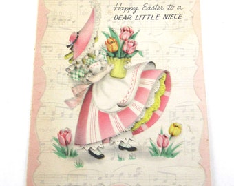 Vintage 1940s Easter Greeting Card with Girl in Pink Dress Tulips Music Notes by Hallmark