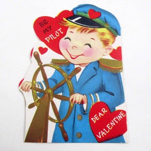 Vintage Children&#39;s Valentine Card with Sailor Boy Captain Steering Wheel of Boat