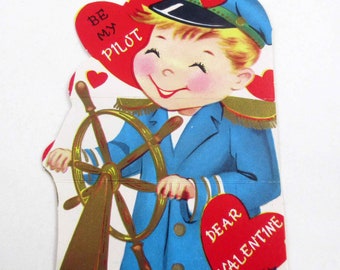 Vintage Children's Valentine Card with Sailor Boy Captain Steering Wheel of Boat