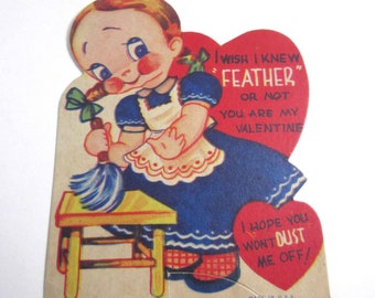 Vintage Children's Valentine Card with Little Girl in Dress and Feather Duster Dusting Housework